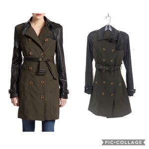 Colorblock Faux Leather Trench Coat Military Olive Green